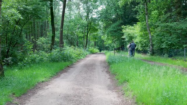 Senior couple riding bicycles on a forest path