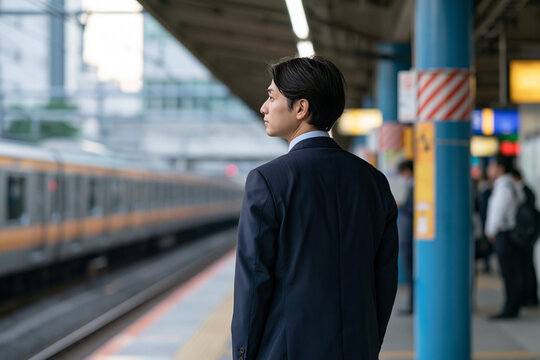 駅のホームで遠くを見つめる日本人ビジネスマン