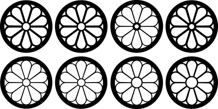 Gothic rose window vector set, 8 circular cathedral window frames, architectural tracery ornaments for laser cutting and design