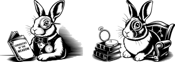 Fototapeta premium Vintage rabbit gentleman vector set, antique woodcut style bunny characters with monocle and pocket watch, black and white storybook illustrations
