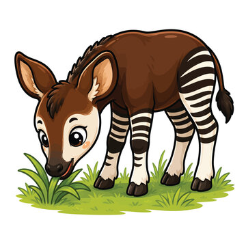 Cute baby okapi cartoon vector illustration isolated on white background for African wildlife education, zoo branding and children's learning materials