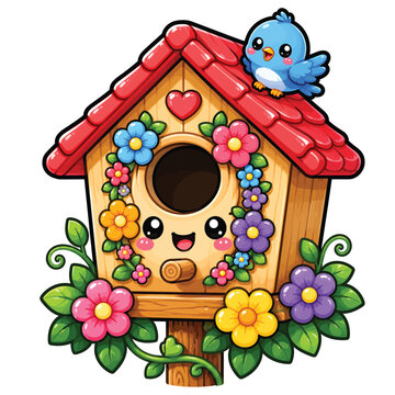 Cute colorful birdhouse cartoon vector illustration isolated on white background for spring garden decor, bird lovers and nature themed designs