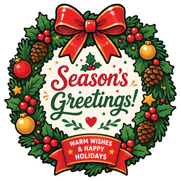 Festive Christmas wreath with Seasons Greetings cartoon vector illustration isolated on white background for holiday cards and seasonal decorations