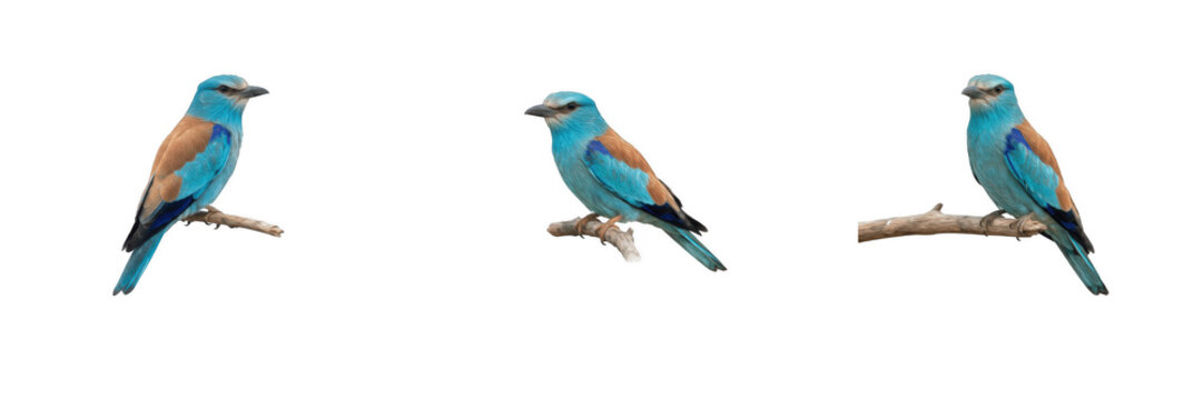 European rollers perched on tree branches isolated on white background, colorful wild birds and ornithology PNG graphic element for nature design projects