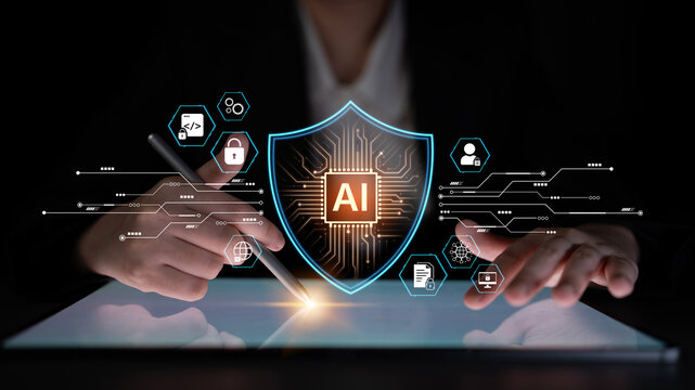 AI cybersecurity safeguards systems with encryption, access control, and AI secure data flow. Futuristic cyber security featuring AI digital shield, zero trust and AI threat detection system. Corpus