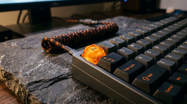 Keyboard mechanical components feature a customized orange escape key and a braided cable resting upon a dark slate surface, emphasizing the tactile precision of high-end custom computer peripherals.