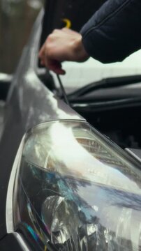 Man on forest highway pauses beside his stalled vehicle, lifts the car hood under bright daylight, and examines the engine compartment, looking for broken belt as part of his on-site troubleshooting