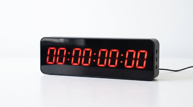 Modern black digital clock displaying zero time with bright red LED numbers on a white surface