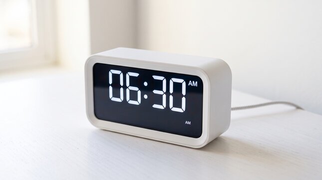 Modern white digital alarm clock displaying 06:30 AM on a white wooden table near a window