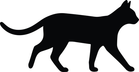 Black silhouette vector illustration of cat walking with curved tail symbolizing feline movement, posture, and graceful behavior © SHANJIDA