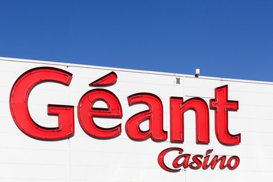 Arles, France- July 4, 2018: G&eacute;ant Casino logo on a facade. G&eacute;ant Casino is a hypermarket chain based in Saint Etienne, France