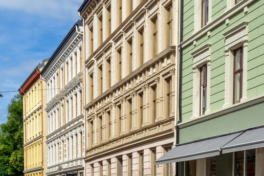 Row of historic buildings facades in Oslo city