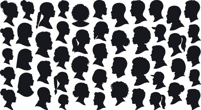 Diverse head profile silhouette vector collection featuring men and women with various hairstyles