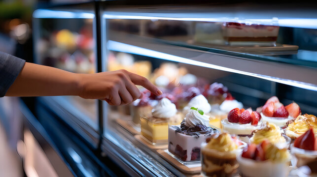 Hand pointing at assorted delicious desserts in a bakery display case filled with cakes, tarts, and pastries with strawberries and cream.
