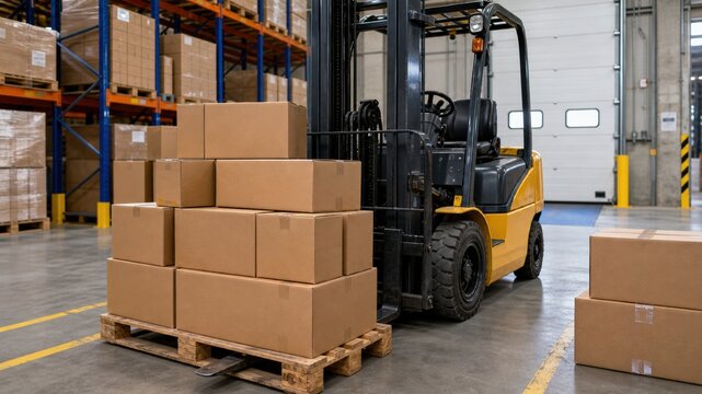 Forklift moving boxes in a warehouse during the day