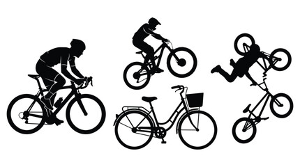 Fototapeta premium Set of cycling silhouettes featuring a road cyclist, a mountain biker jumping, a person on a city bike, and a bmx rider doing a trick