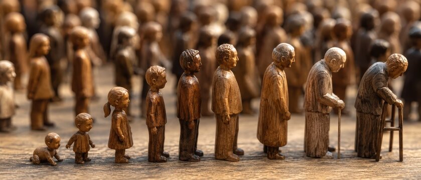 wooden human figures arranged by age from crawling baby and children to adults and elderly people using mobility aids