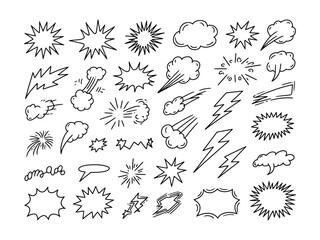 Line speed cartoon effect, boom explosive motion line element set. Comic boom burst, explosive smoke, line speed cartoon vector icon. Hand drawn sketch doodle action effect. Vector illustration  © Firuza