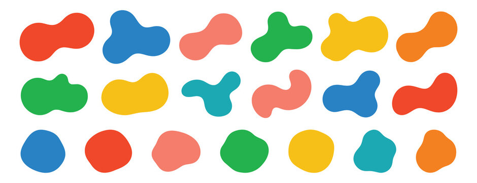 Colorful abstract organic blob shapes with smooth, irregular fluid forms, contemporary organic fluid vector set, isolated on white background.