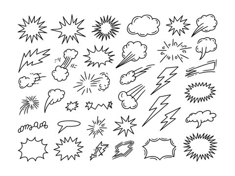 Line speed cartoon effect, boom explosive motion line element set. Comic boom burst, explosive smoke, line speed cartoon vector icon. Hand drawn sketch doodle action effect. Vector illustration
