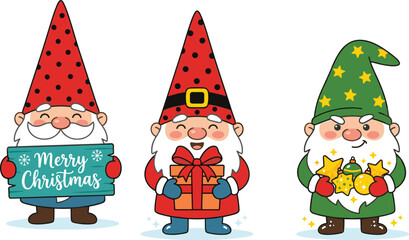 Fototapeta premium Cute Christmas gnome character vector set holding gift, star garland, and festive greeting sign isolated on white background