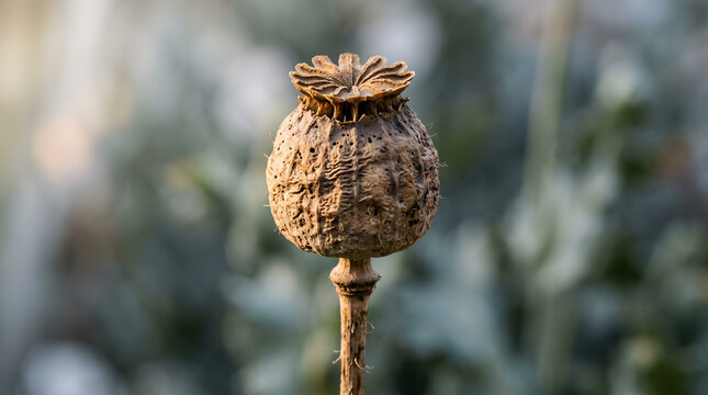 macro photo of dried poppy seed head | papaver somniferum dry seed capsule close up | natural garden textures for design | autumn harvest botanical details
