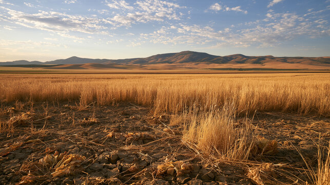 Dry farm field showing cracked earth and withered crops under a vast sky, symbolizing drought and climate change