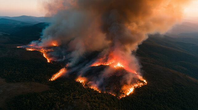 Extensive wildfire burning across mountains at dusk, producing thick smoke, representing ecological catastrophe and global warming