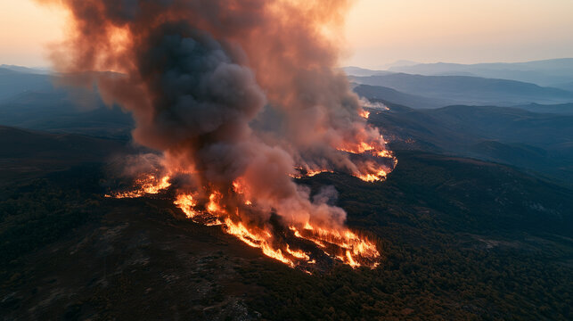 Aerial drone view showing extensive wildfire burning through forest landscape, thick smoke rising in sunset sky