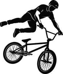 Fototapeta premium Dynamic male BMX rider performing freestyle stunt trick silhouette vector illustration artwork isolated on white background concept for extreme sports competition design