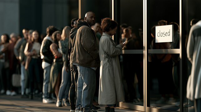 Long queue of diverse people waiting outside a closed building, facing economic uncertainty and retail restrictions