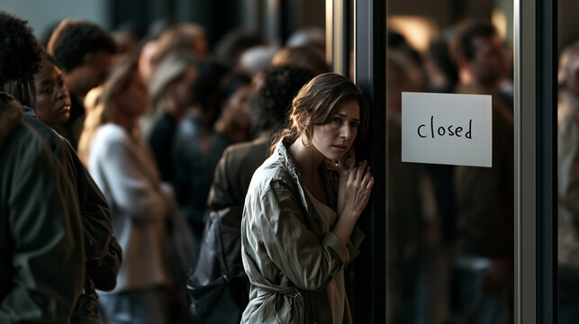 People facing uncertainty and economic stress, with a concerned woman by a closed store door