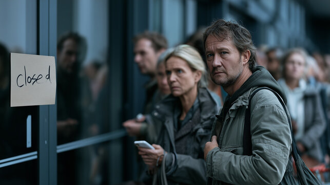 Concerned man waiting in long queue of people outside closed store during global crisis, facing uncertainty