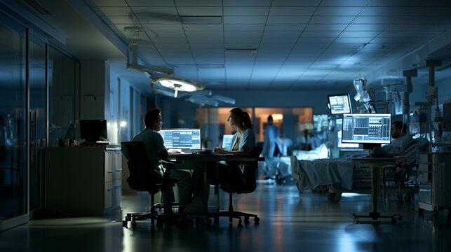 Healthcare team working late in a dimly lit intensive care unit duing a power outage, managing patient data on computers