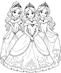 Fototapeta premium doll [Converted].eps Three princesses with long hair and elegant gowns coloring page