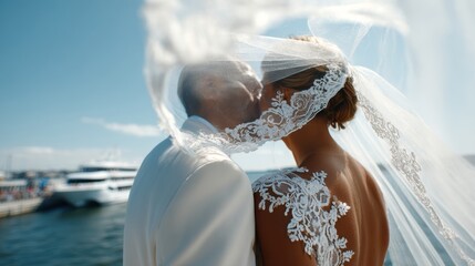 Fototapeta premium A Beautiful Wedding Couple Embracing Each Other on the Scenic Waterfront at Sunset with a Flowing Veil