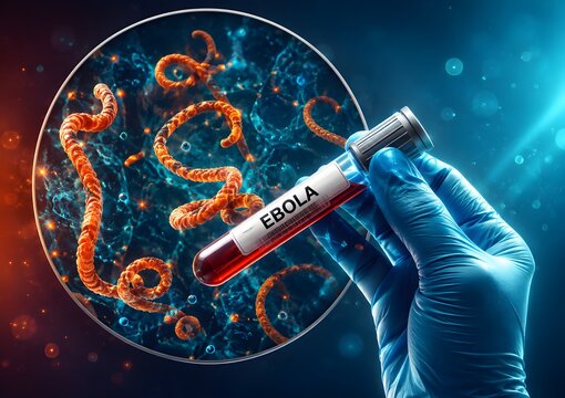 Ebola Virus Blood Sample Test Tube in Laboratory Medical Research Concept