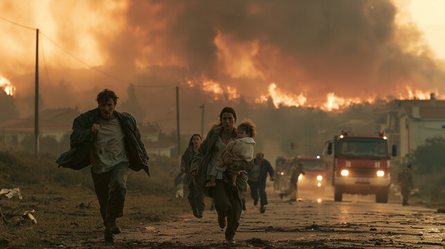 People running from a massive wildfire disaster, evacuating homes and escaping dangerous flames and smoke