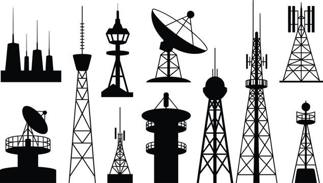 Radio broadcasting tower silhouette collection featuring telecommunication mast structures satellite dish radar transmitters and wireless antenna graphics
