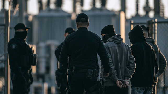 Security officers arresting a suspect with handcuffs near an industrial facility, representing law enforcement