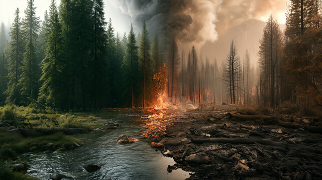 Wildfire devastation transforming a vibrant green forest with a flowing river into a burnt landscape and smoking ashes