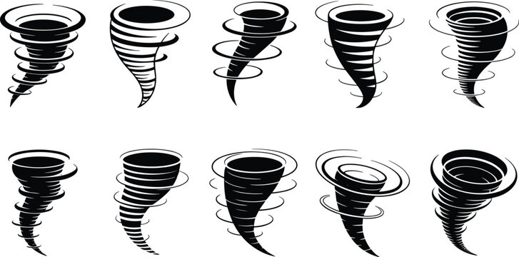 Tornado and twister silhouette icon collection showing destructive wind vortex swirls storm weather disaster graphics set