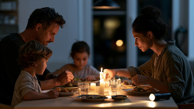 Family gathering for candlelit dinner during power outage, parents and children eating together at home