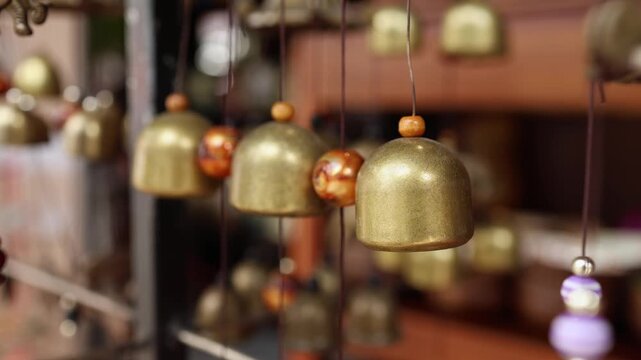 Traditional brass wind chime bells with wooden beads hanging on display in a souvenir shop in Nha Trang, Vietnam. Bronze feng shui bells in local Asian gift store, travel and tourism concept.