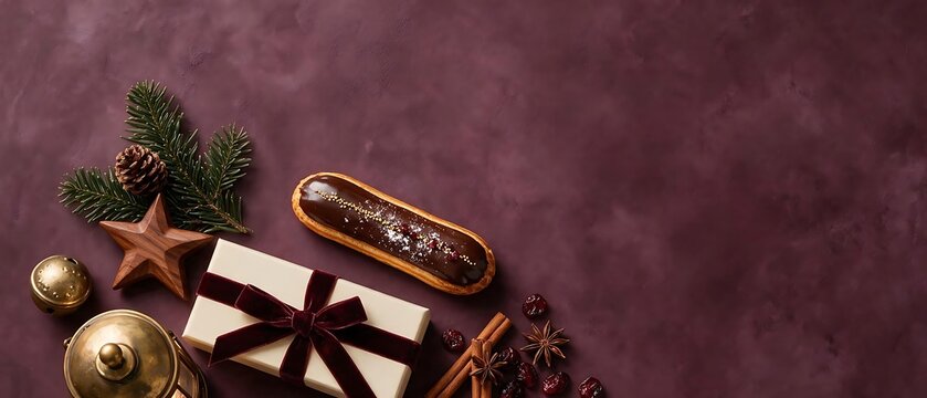 Festive Christmas flat lay with chocolate eclair and gift box