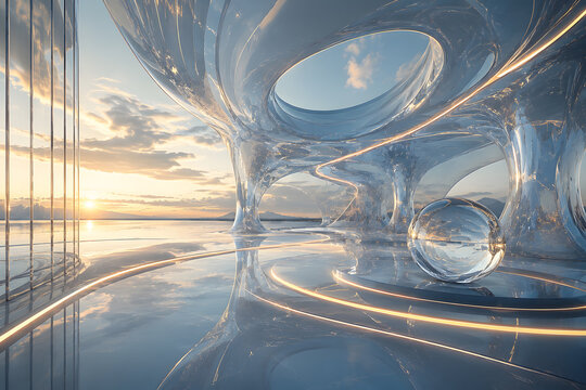 Futuristic Celestial Portal with Reflective Black Marble and Giant Moon Landscape