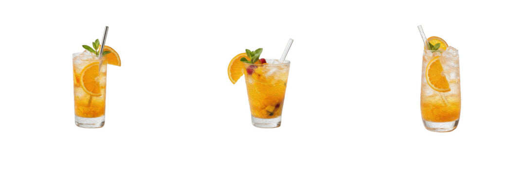 Orange cocktails with ice and citrus slices isolated on white background, refreshing summer drinks and beverages PNG graphic element for bar design projects