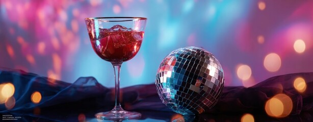 Obraz premium Glamorous Evening Martini and a Disco Ball Set Against a Colorful and Bright Background for Visual Delight