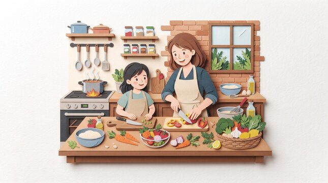 Mother and daughter happily cooking together in a cozy kitchen preparing healthy food with fresh vegetables