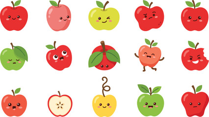 Fototapeta premium Cute Kawaii Apple Character Set with Funny Facial Expressions, Cartoon Red and Green Apples, Adorable Fruit Mascot Collection, Flat Vector Illustration Isolated on White Background